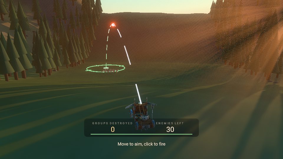 A catapult on a grassy slope launching a burning boulder at soldiers in a valley